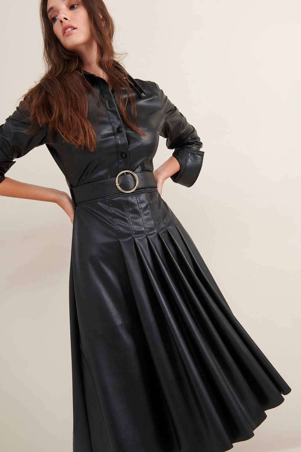 Offers LACE MIDI LEATHER DRESS