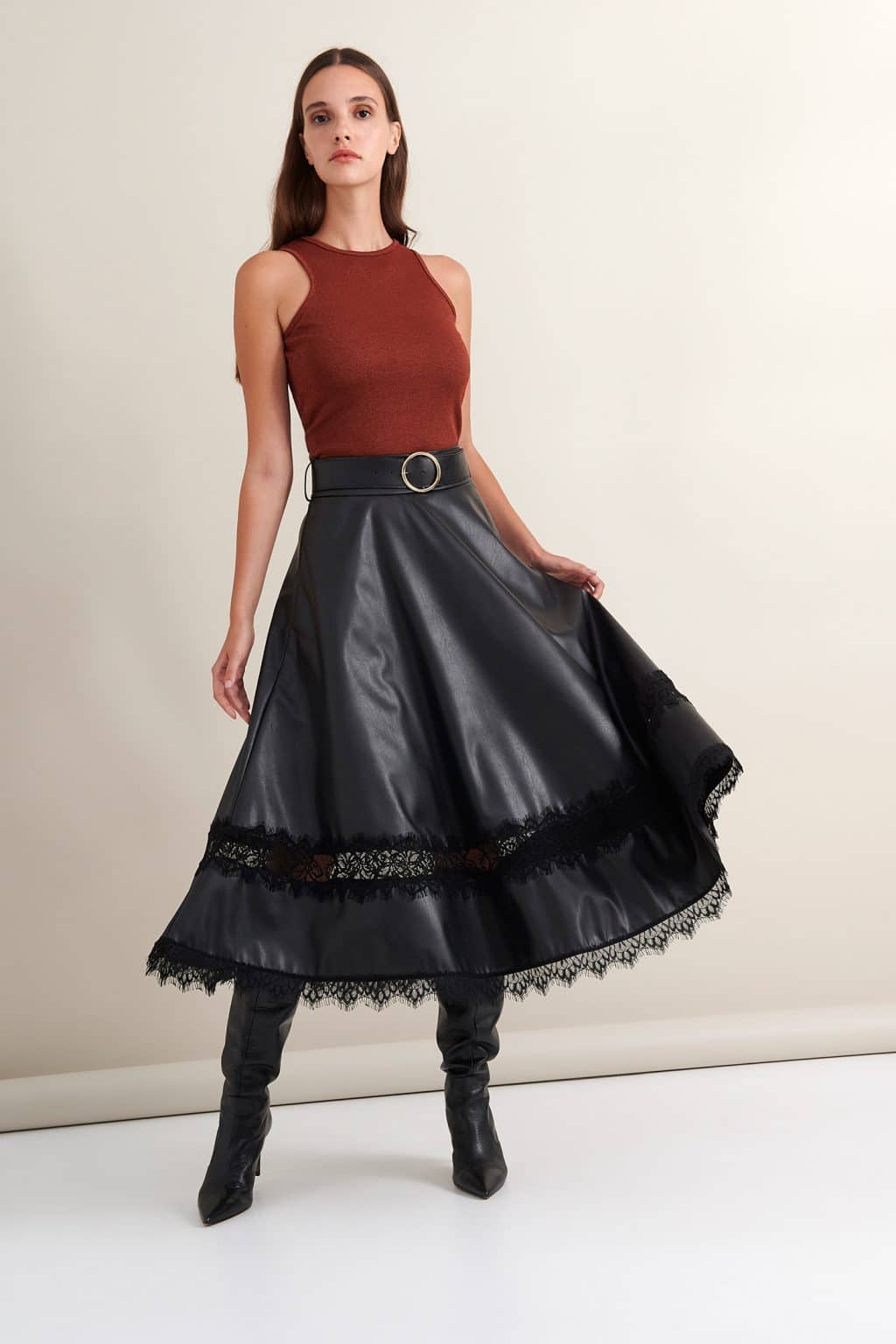 Clothing LACE LEATHER SKIRT