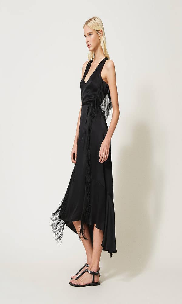 Clothing TWIN-SET SILKY SATIN LONG DRESS WITH FRINGES