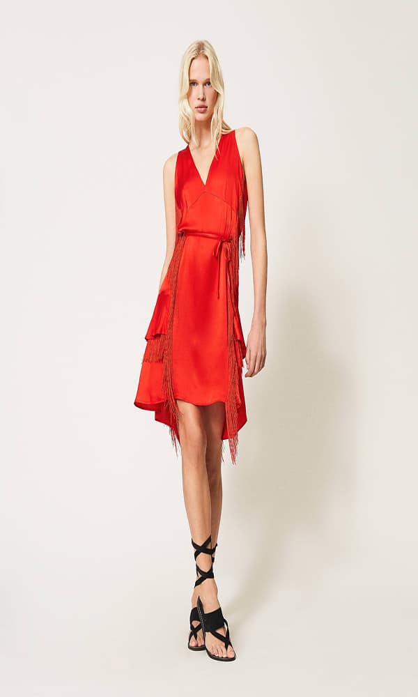 Collection Spring - Summer 2021 TWIN-SET SILK BLEND SATIN SHORT DRESS WITH FRINGES