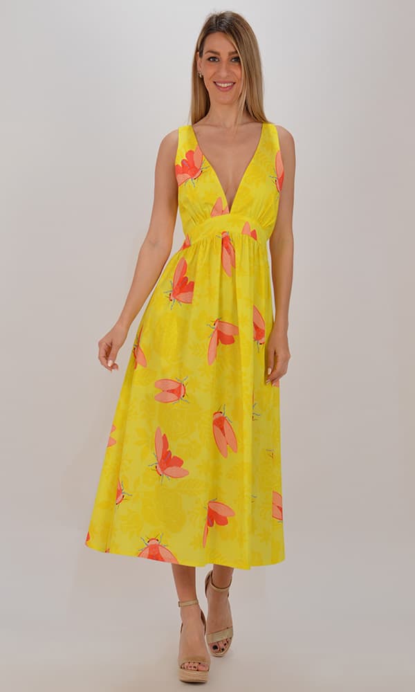 Collection Spring - Summer 2021 WE ARE V NECK OPEN BACK YELLOW MIDI DRESS