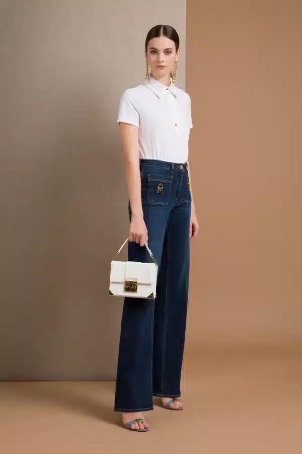 Spring summer 2022 ELISABETTA FRANCHI DENIM TROUSERS WITH GOLD PLAGUES