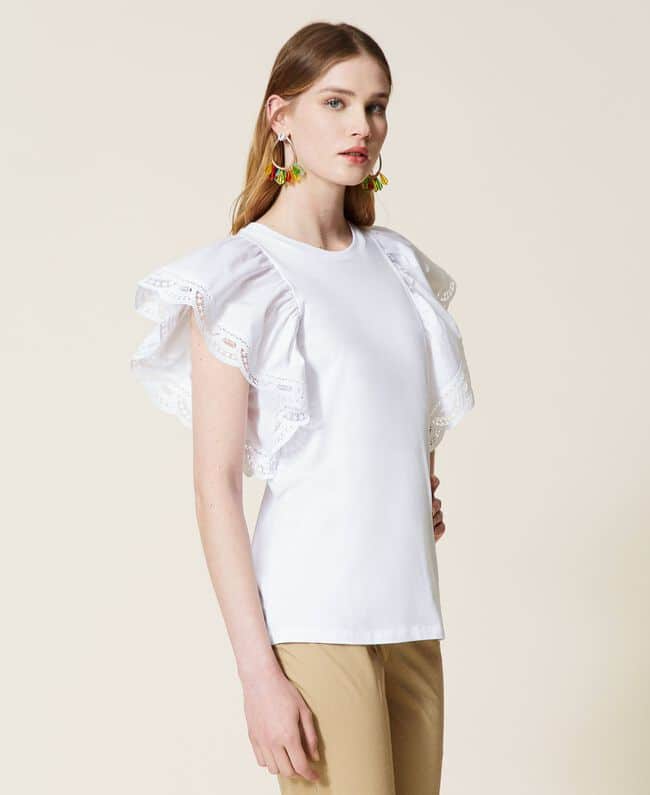 Spring summer 2022 TWINSET REGULAR T-SHIRT WITH LACE SLEEVES