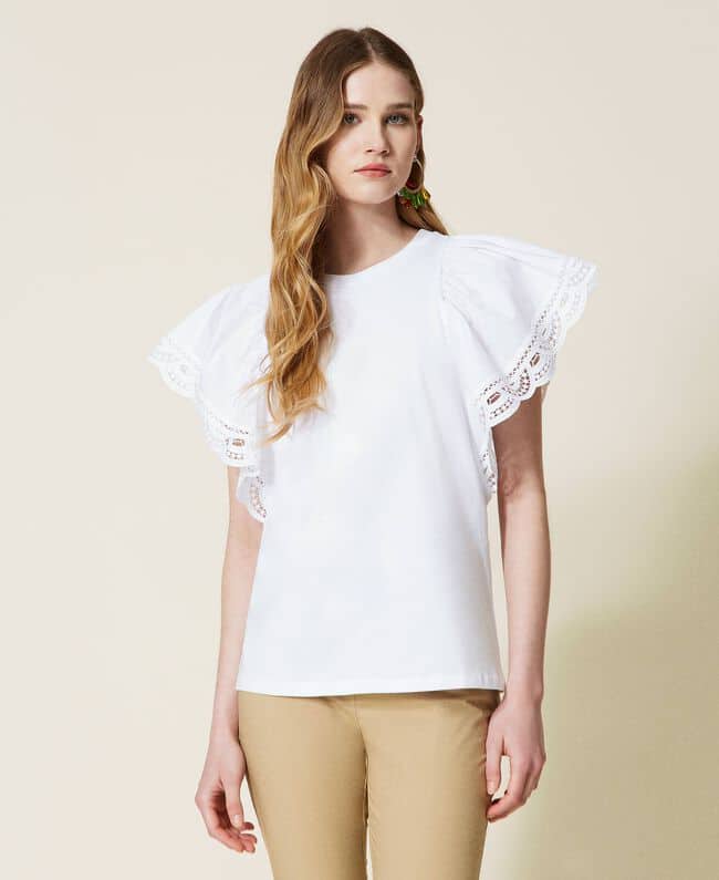 Spring summer 2022 TWINSET REGULAR T-SHIRT WITH LACE SLEEVES