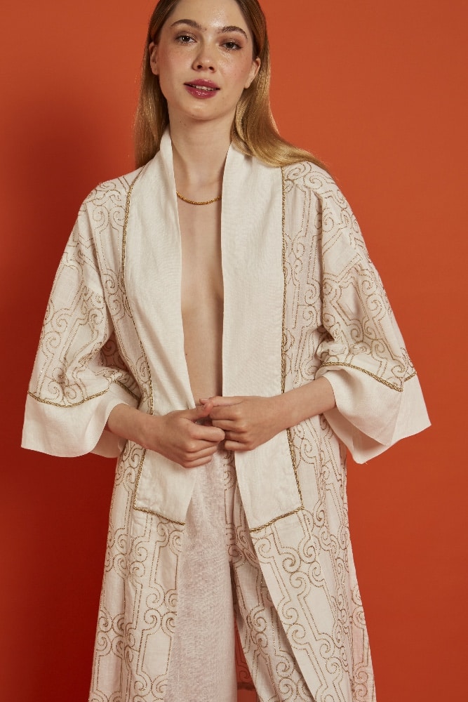 Nema Linen Kimono With Golden Embroidery
