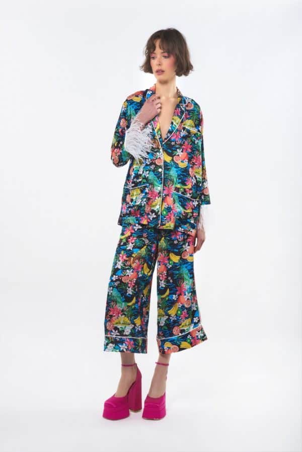 C. Manolo Tropical Pajama Set With Feathers