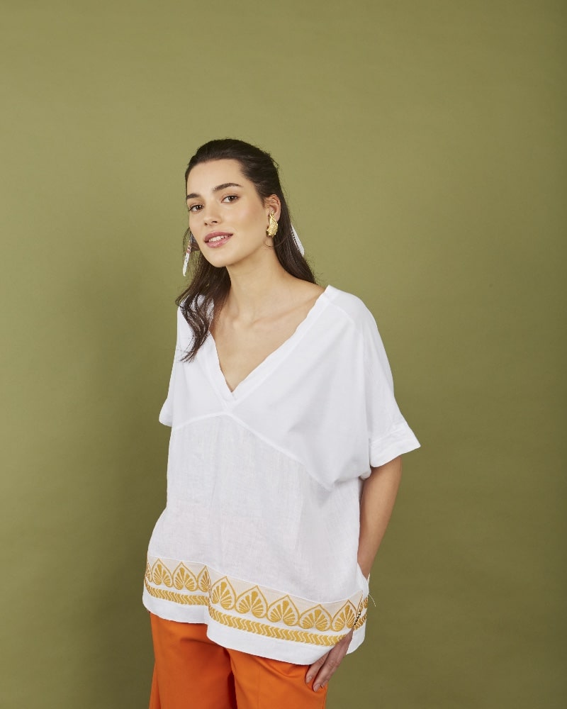 Spring summer 2022 NEMA LINEN BLOUSE WITH EMBROIDERED HEMS