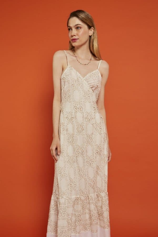 Spring summer 2022 NEMA CROSSOVER DRESS WITH GOLDEN EMBROIDERY