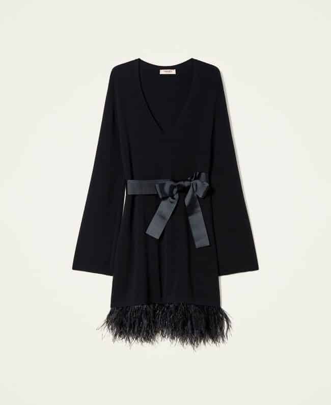 Twinset Short Knit Dress With Feathers
