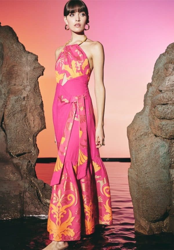 Lace Fuchsia Wooden Collar Maxi Dress