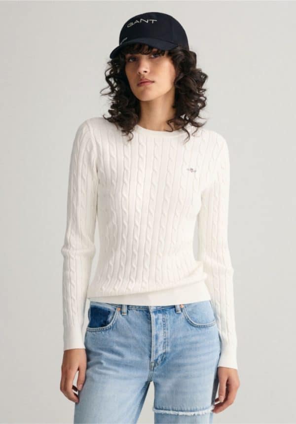 Gant Stretch Cotton Cable Knit Crew Neck Sweater