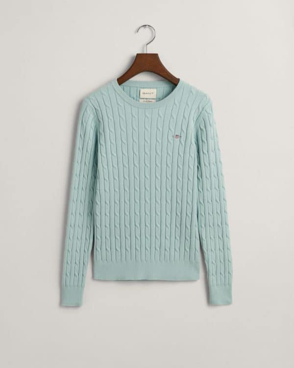 Gant Dusty Turquoise Stretch Cotton Cable Knit Crew Neck Sweater