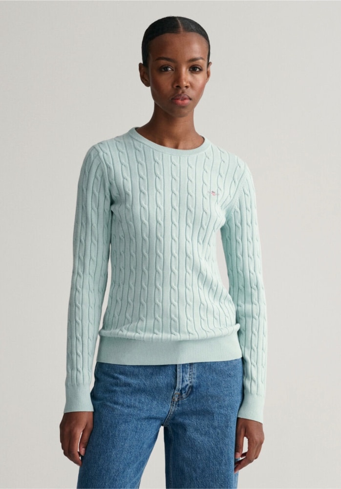 Gant Dusty Turquoise Stretch Cotton Cable Knit Crew Neck Sweater