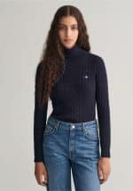 Gant Evening Blue Stretch Cotton Cable Knit Turtleneck Sweater