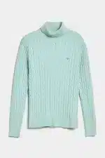 Gant Dusty Turquoise Stretch Cotton Cable Knit Turtleneck Sweater