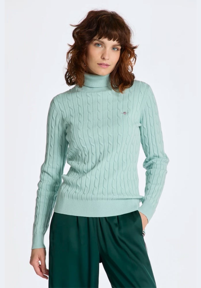 Gant Dusty Turquoise Stretch Cotton Cable Knit Turtleneck Sweater