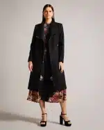 Ted Baker Black Rose Midi Wool Wrap Coat With Shoulder Panels