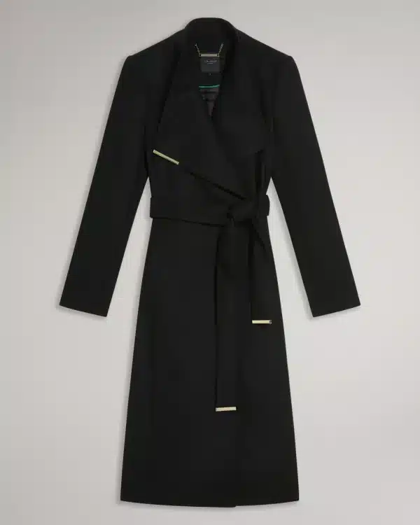 Ted Baker Black Rose Midi Wool Wrap Coat With Shoulder Panels