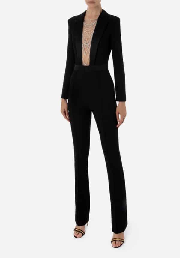 Elisabetta Franchi Jumpsuit In CrÊpe Fabric With Pearl And Rhinestone Embroidery