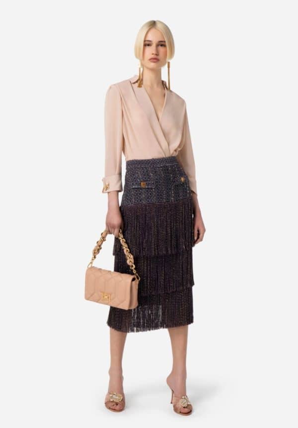 Elisabetta Franchi Midi Skirt In Tweed Fabric With Fringes