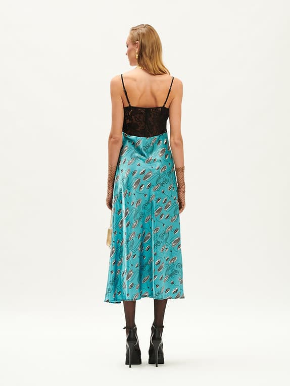 Lace Bust Satin Maxi Slip Dress Waterlily Teal