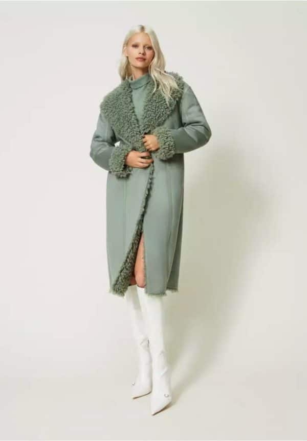 Twinset Suede Like Coat With Faux Fur