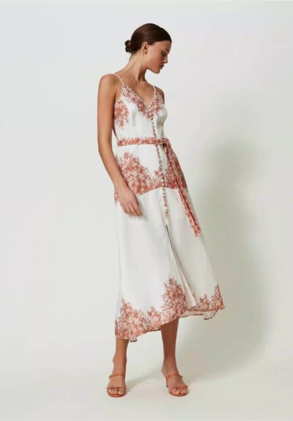 Twinset Midi Linen Dress With Floral Print