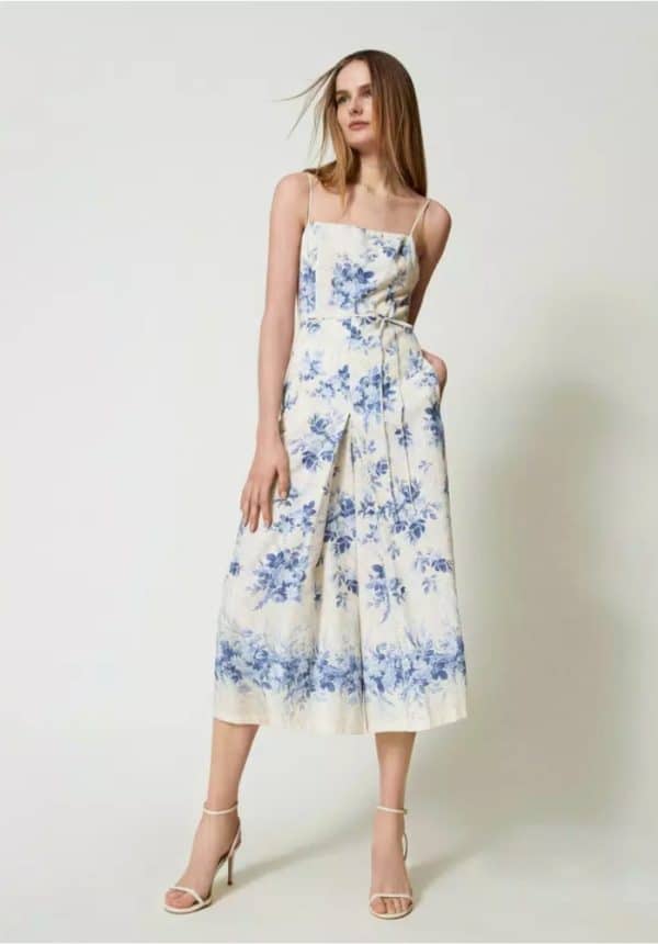Twinset Linen Blend Jumpsuit With Floral Print