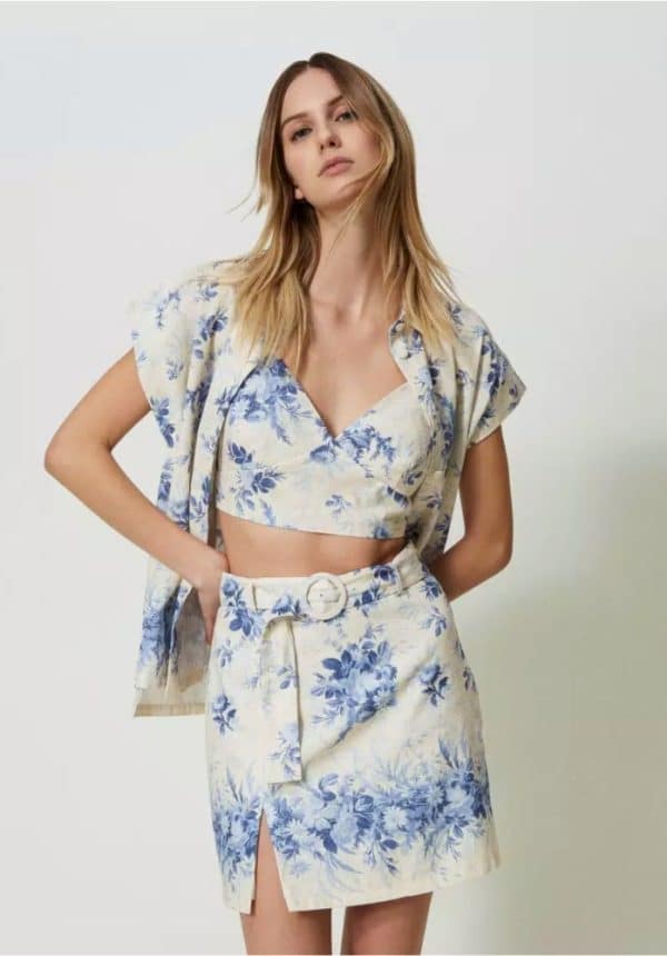Twinset Linen Blend Miniskirt With Floral Print