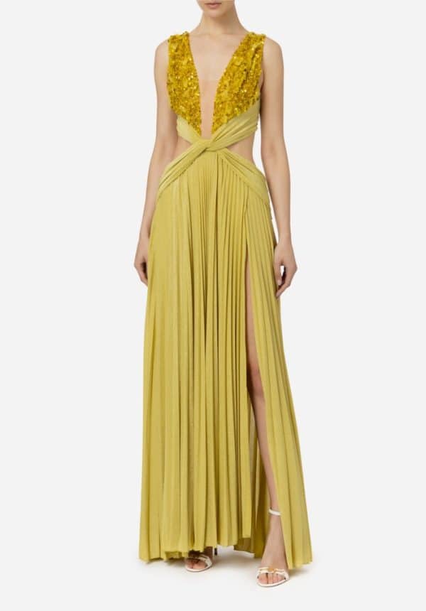 Elisabetta Franchi Pleated Red Carpet Dress In Lurex Jersey With Embroidery