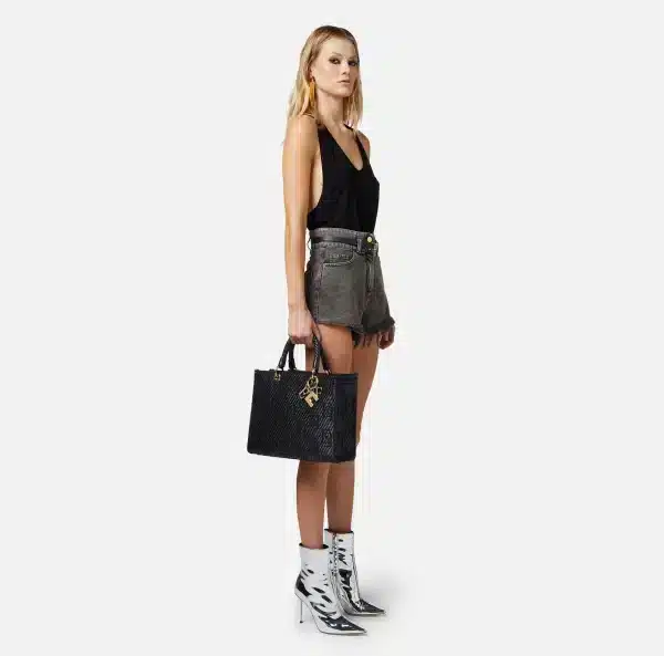 Elisabetta Franchi Medium Shopper Bag In Jacquard Raffia With Charms