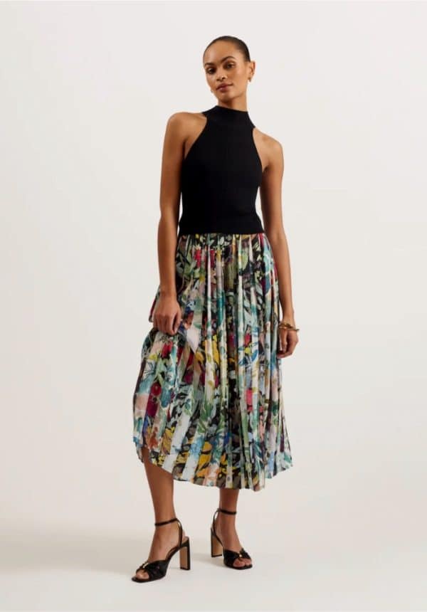 Ted Baker Sleeveless Midi Dress With Floral Pleated Skirt