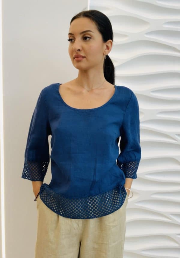 Pls Fashion Navy Linen Top With Sleeves