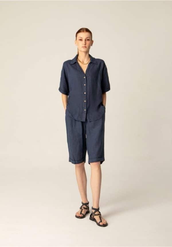 Pls Fashion Navy Linen Top With Buttons