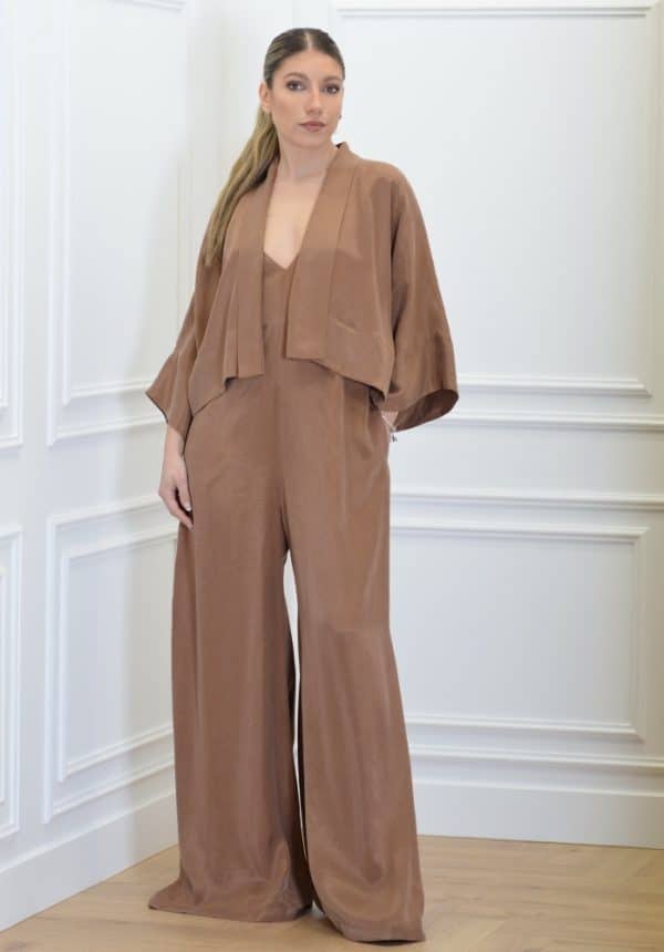 Clothing CKONTOVA CHOCOLATE FLARED JUMPSUIT WITH CROPPED KIMONO JACKET