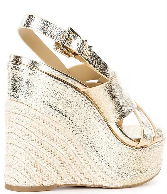Sales MICHAEL KORS NORA METALLIC LEATHER ESPADRILLES PLATFORM WEDGE SANDALS