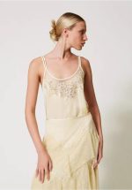 New Collection TWINSET SATIN TOP WITH EMBROIDERY