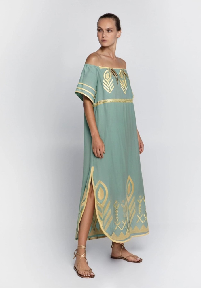 GREEK ARCHAIC KORI EMBROIDERED OFF SHOULDER DRESS | Celia Boutique