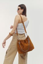 New collection LEATHER TWIST ARIA LARGE SUEDE TABAC BAG
