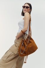 New collection LEATHER TWIST ARIA LARGE SUEDE TABAC BAG