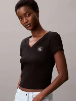 New Collection CALVIN KLEIN JEANS RIBBED COTTON V NECK T-SHIRT