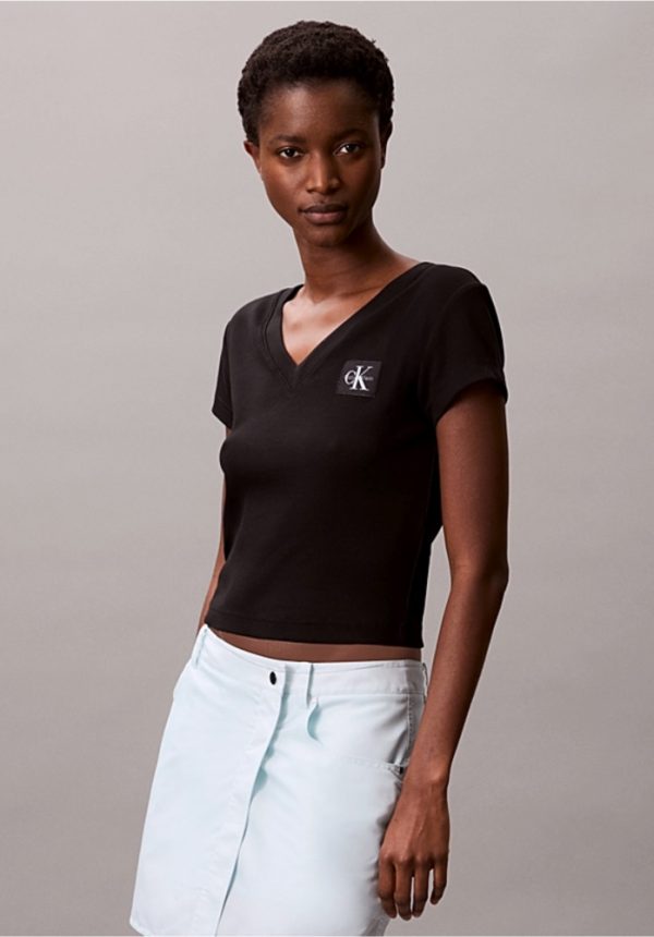 New Collection CALVIN KLEIN JEANS RIBBED COTTON V NECK T-SHIRT