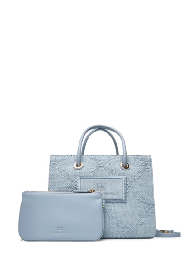 New collection ELISABETTA FRANCHI SMALL TOTE BAG IN JACQUARD RAFFIA