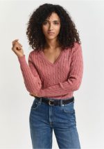 New collection GANT STRETCH COTTON CABLE KNIT V NECK SWEATER