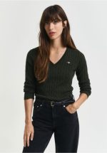 New collection GANT STRETCH COTTON CABLE KNIT V NECK SWEATER