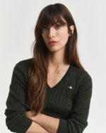 New collection GANT STRETCH COTTON CABLE KNIT V NECK SWEATER