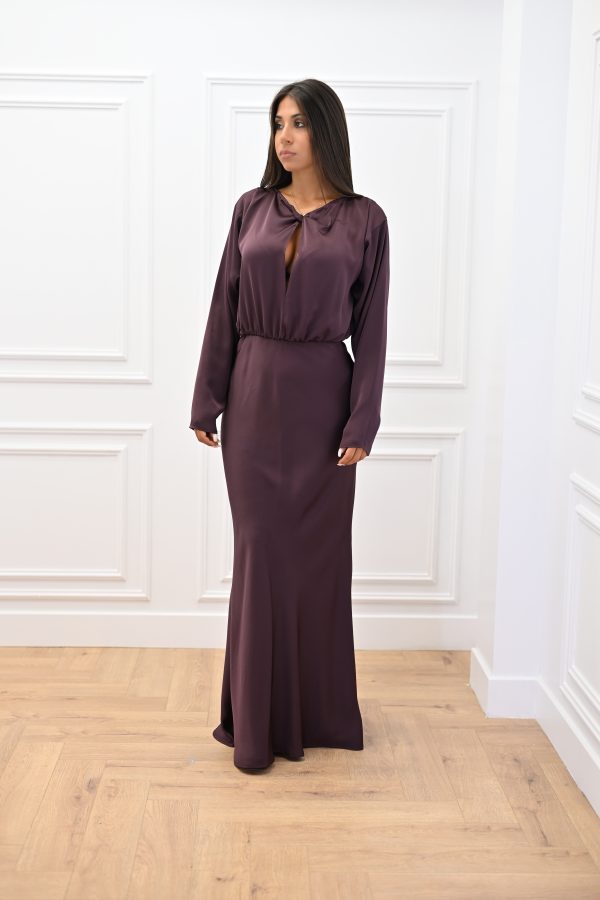New Collection C KONTOVA PLUM SATIN LONG FLARED DRESS