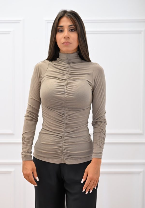 New Collection C KONTOVA RUFFLED HIGH NECK TOP BEIGE