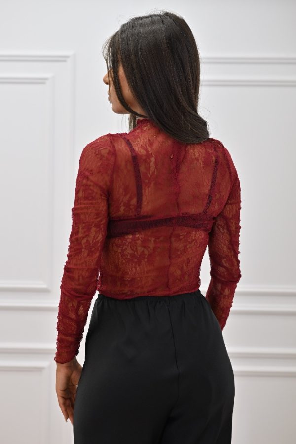 New Collection C KONTOVA BORDEAUX LACE RUFFLED BODYSUIT