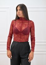 New Collection C KONTOVA BORDEAUX LACE RUFFLED BODYSUIT